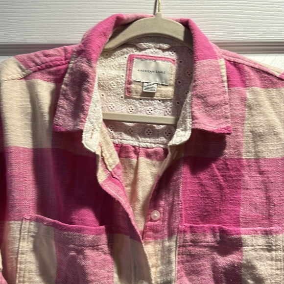 American Eagle Pink Plaid Oversized Flannel Shirt Shacket M - Picture 3 of 6